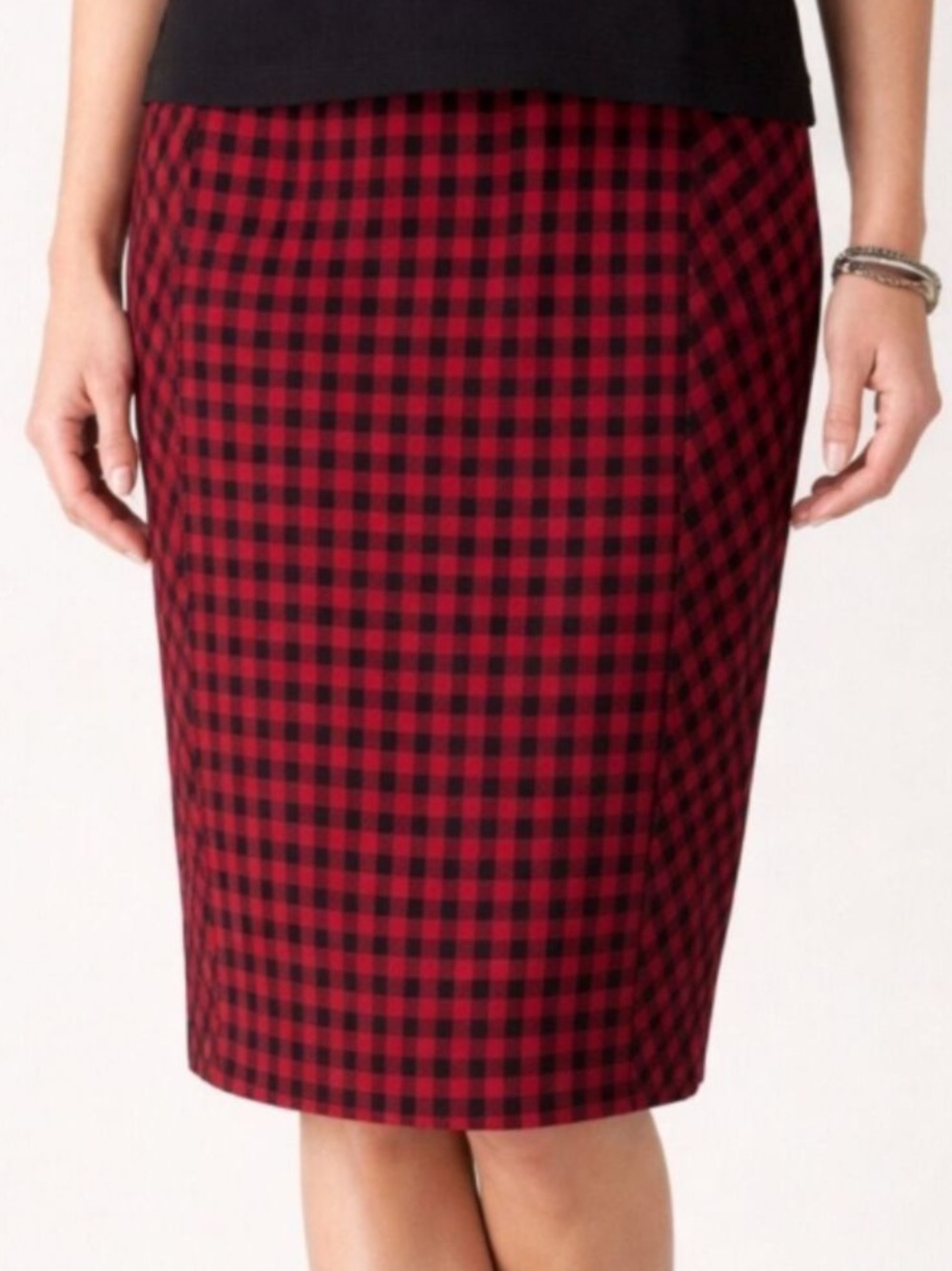 J. Jill Buffalo Plaid Ponte Red and Black Pencil Skirt